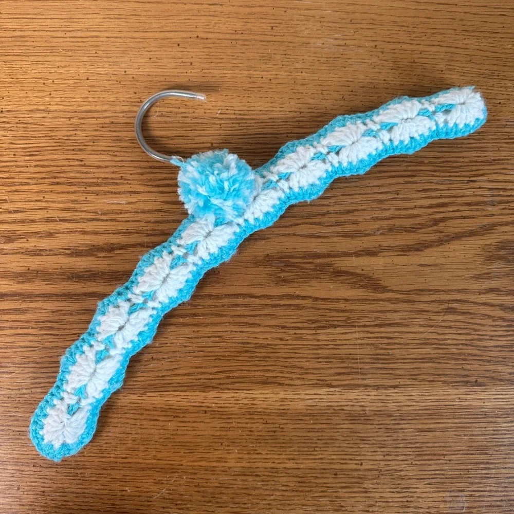 Vintage Handmade Crochet Padded Clothes Hanger Blue White Knit Pom Pom 16.5 Inch
